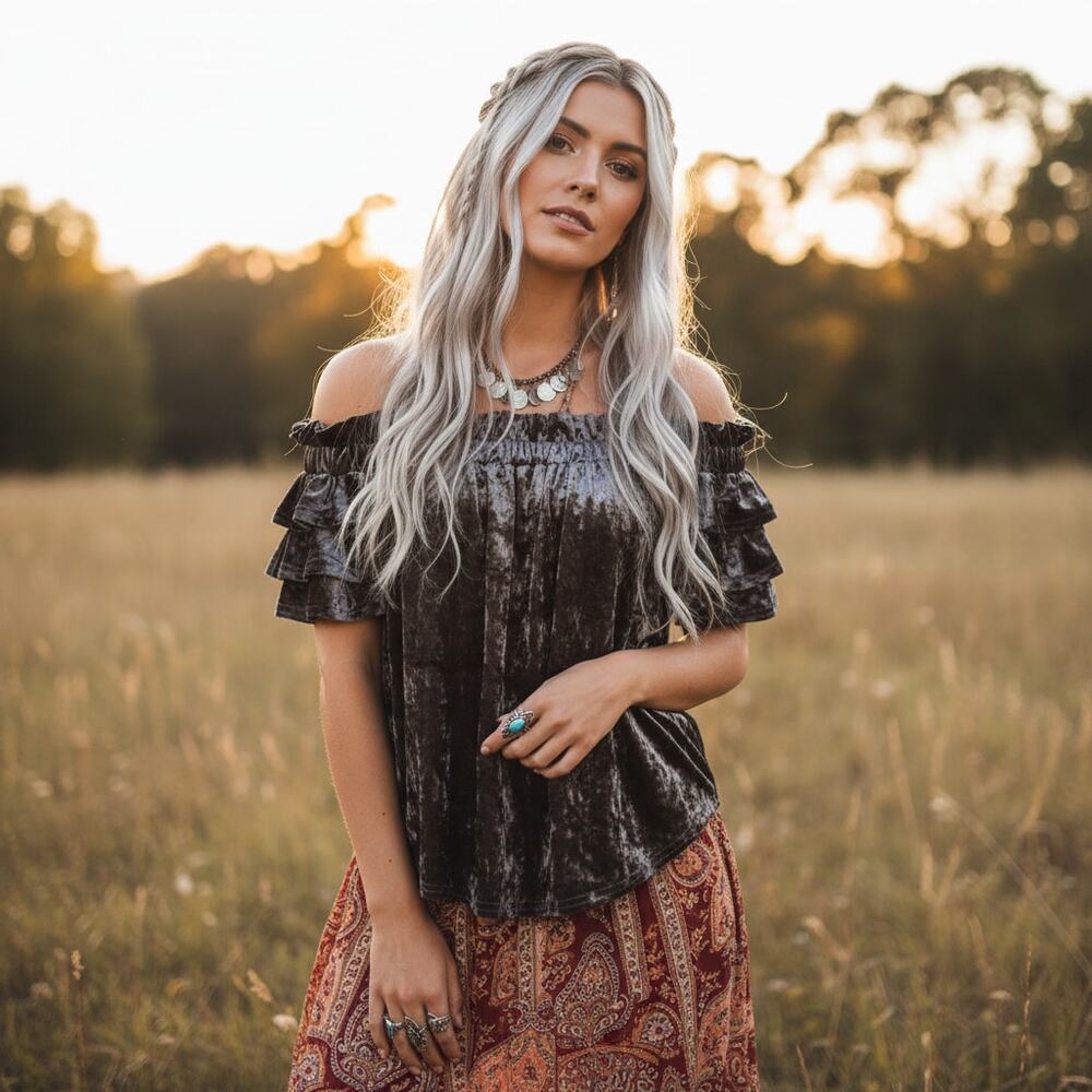Umgee Crushed Velvet Off‑Shoulder Blouse Small